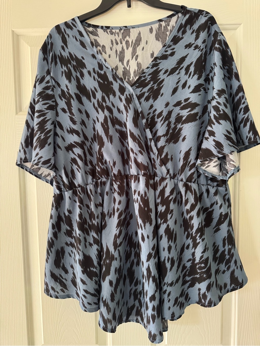 SHEIN Blue and Black Animal Print V-Neck Peplum Blouse